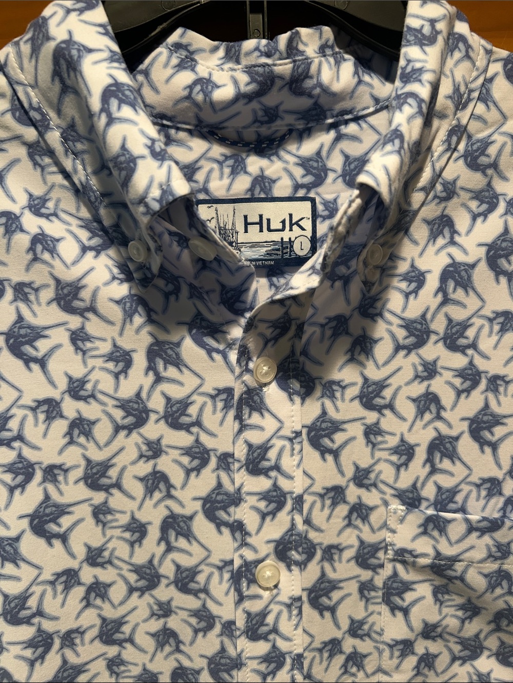 Huk KC Kona White Button-Down Shirt with Blue Marlin Print